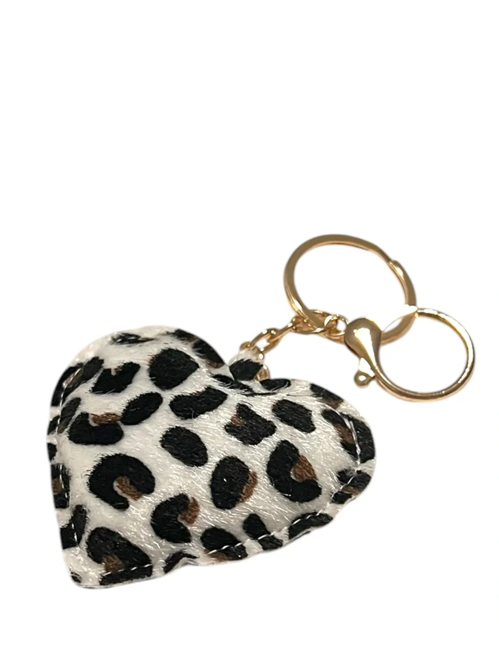 White Leopard Print Faux Fur Heart Keychain Bag Charm